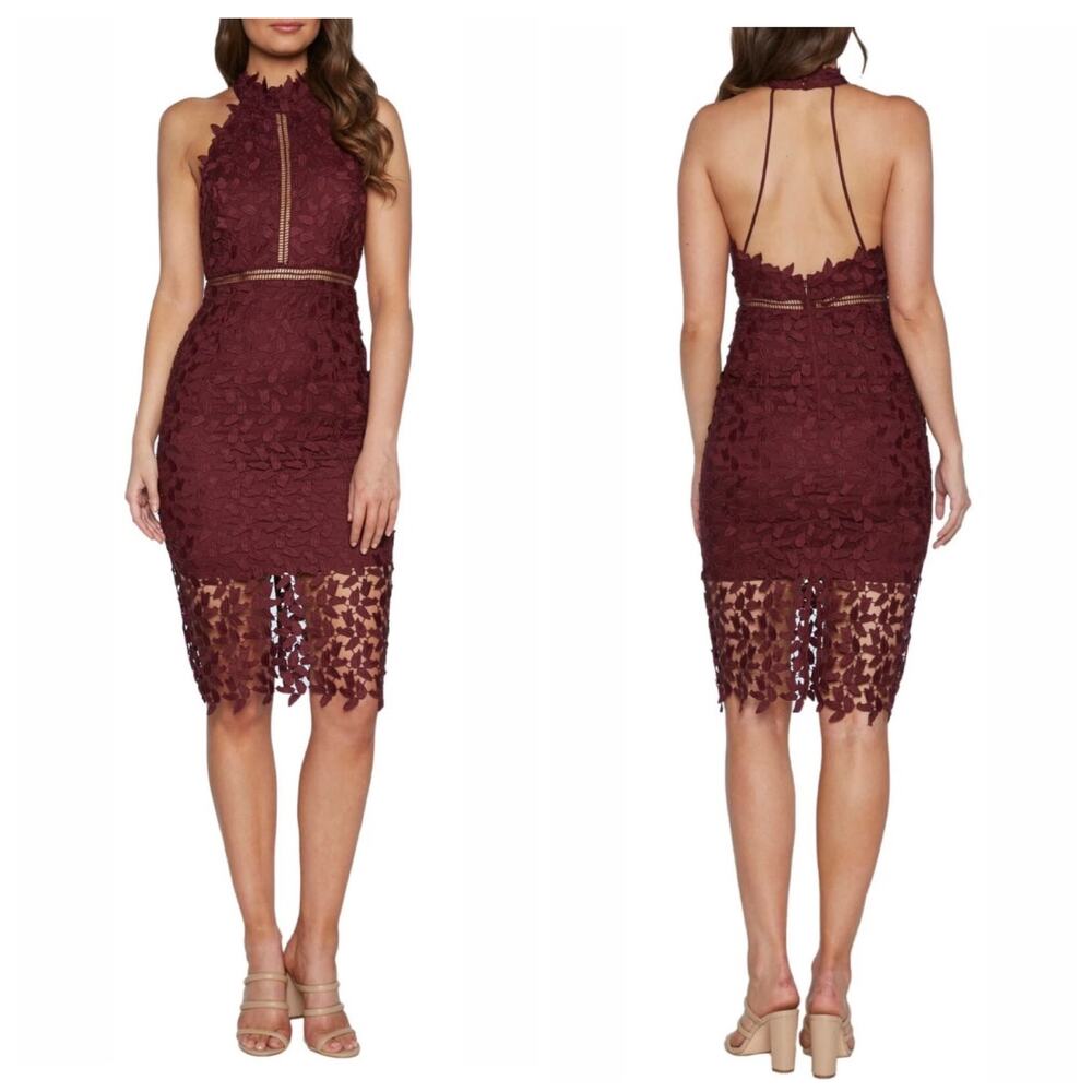 Bardot Gemma Halter Lace Midi Dress 6 Burgundy Sheath Open Back Illusion Hem NWT - Picture 3 of 15